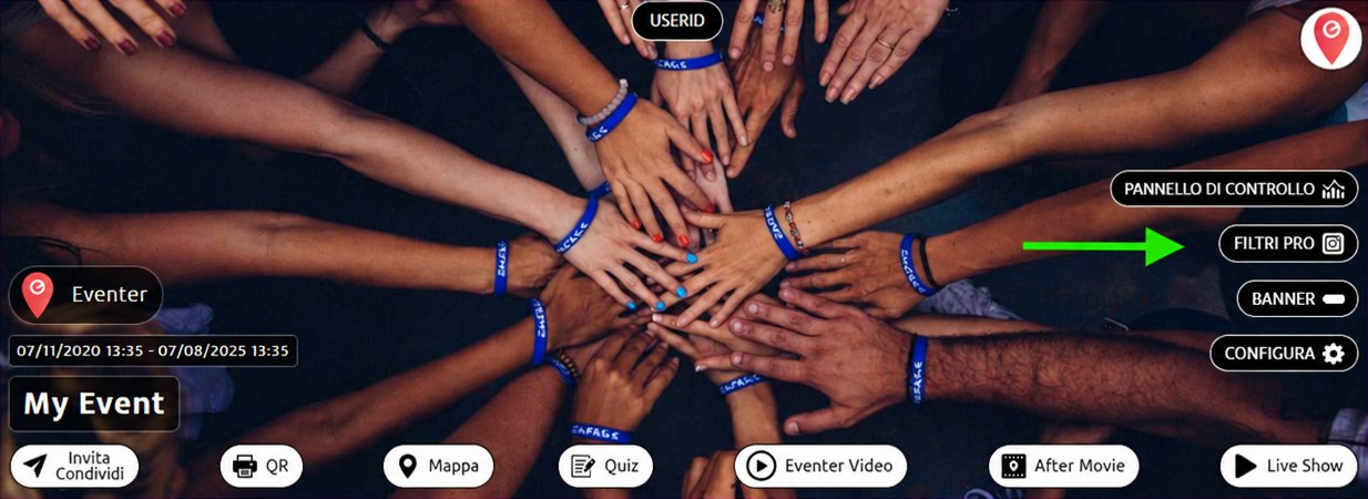 Pulsante Filtri Pro in alto a destra nell’interfaccia di un evento Eventer