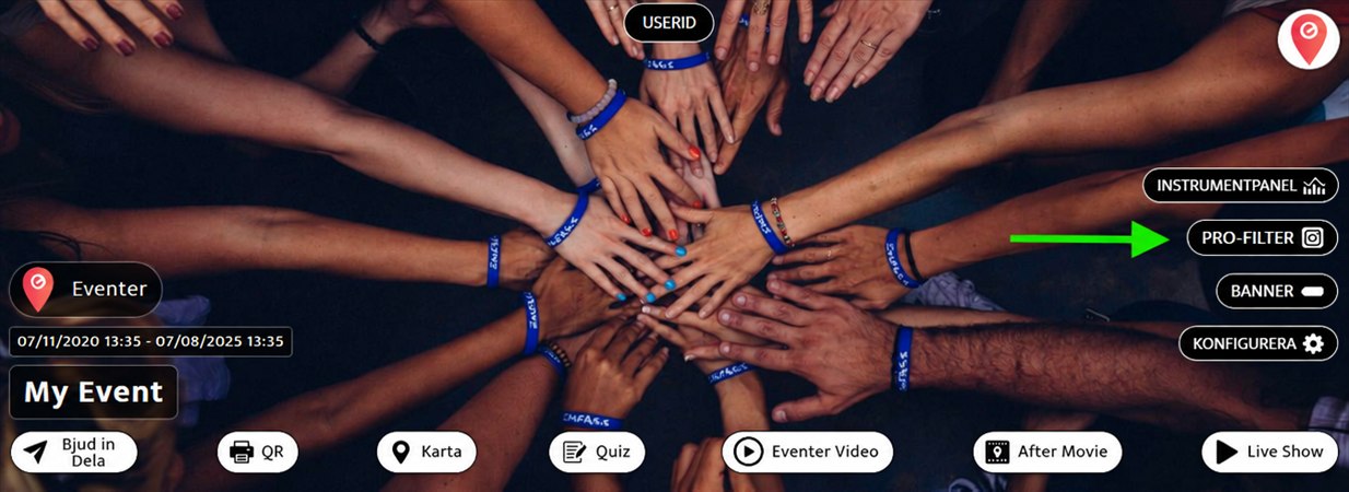 Knappen Pro-filter uppe till höger i gränssnittet för ett evenemang i Eventer