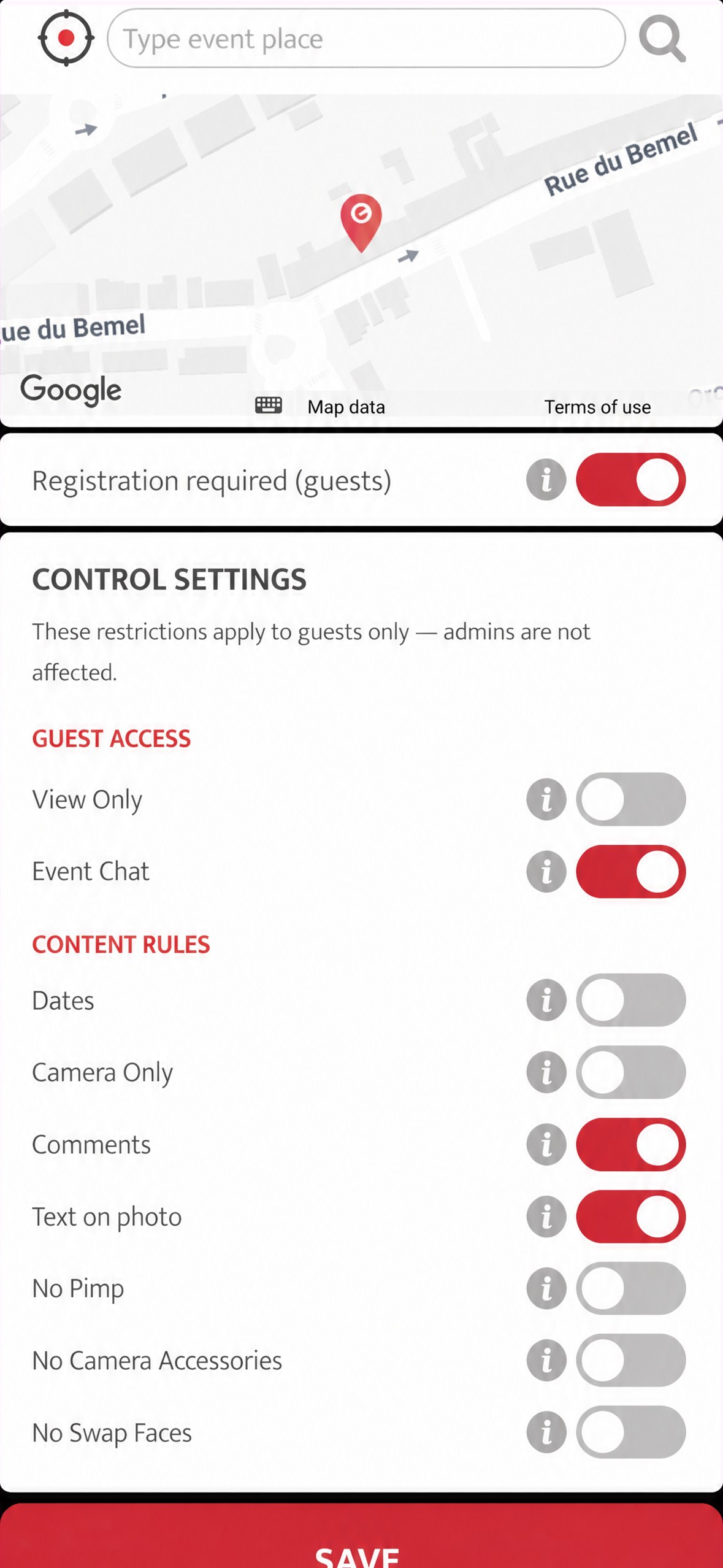 control settings section in the event settings