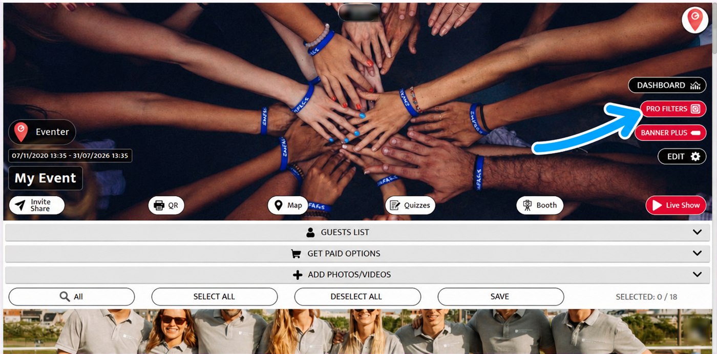 pro filters button of the event