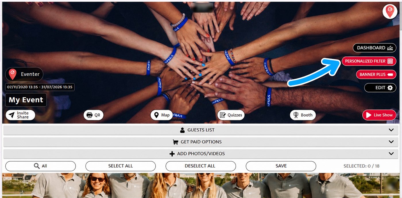 personalized filter button on eventer web