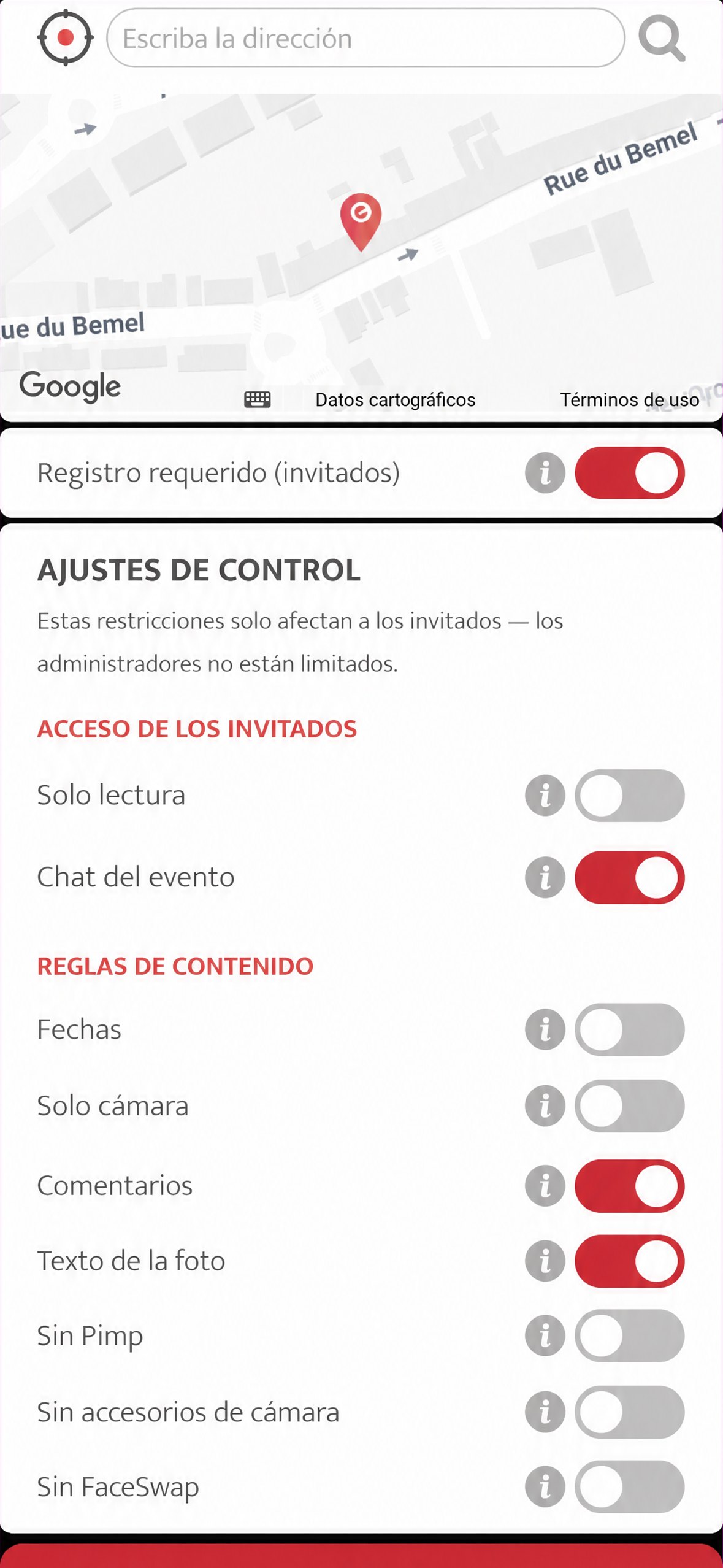 sección ajustes de control en la configuración