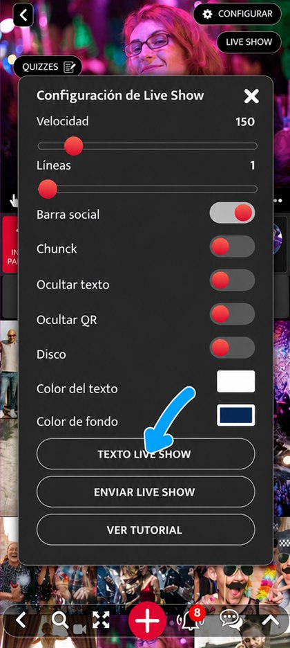 botón texto live show
