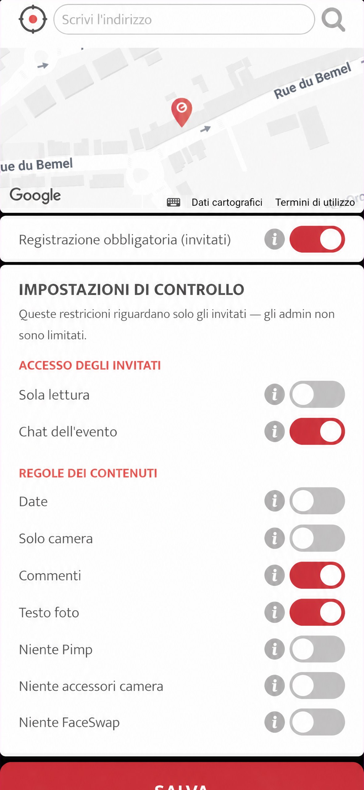 sezione impostazioni di controllo nella configurazione