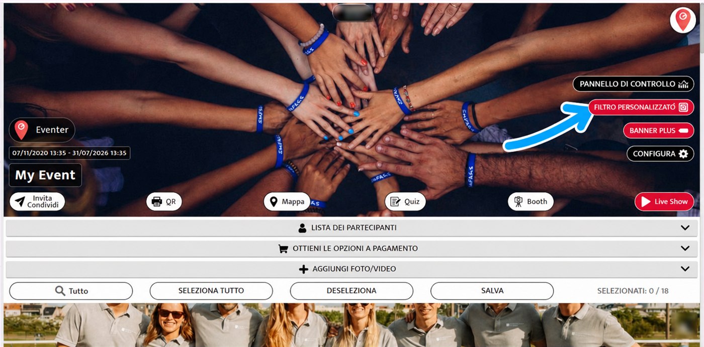 pulsante filtro personalizzato su eventer web