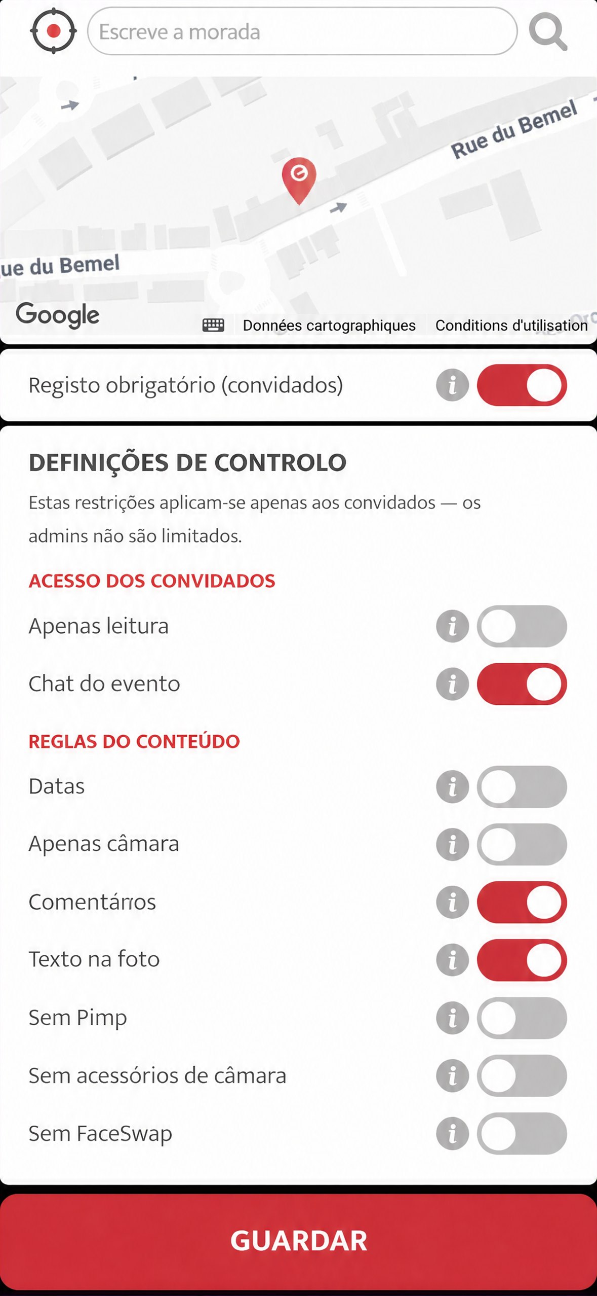 secção definições de controlo na configuração