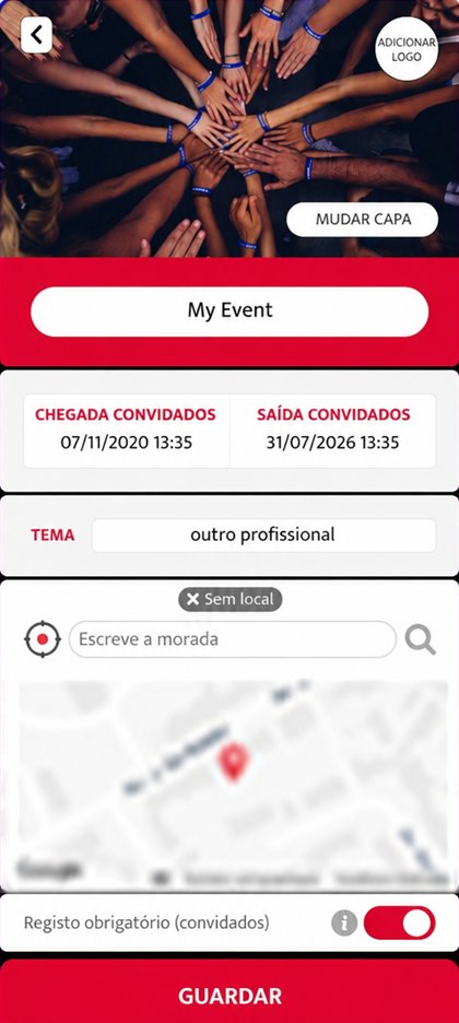 ecrã de configuração do evento