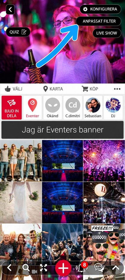 knappen Anpassat filter i evenemanget