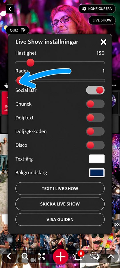 skjutreglaget för rader i Live Show