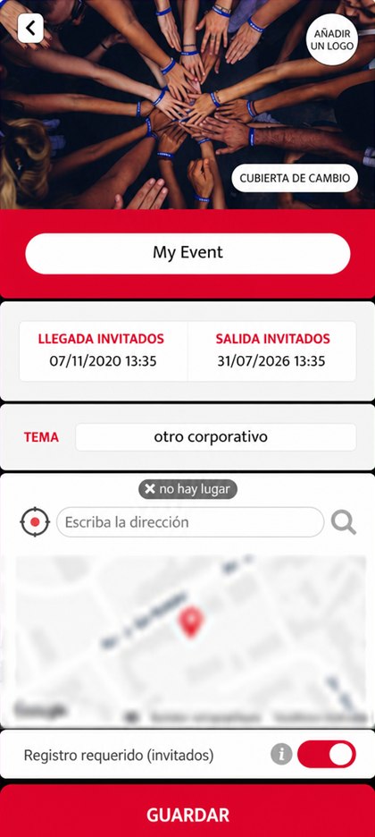 pantalla de configuración del evento